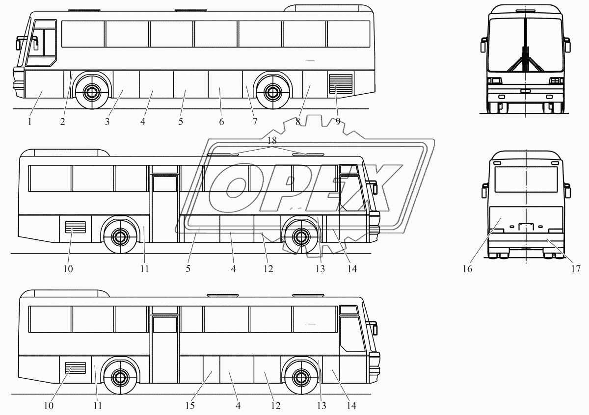 Расположение крышек и решеток на кузове автобуса